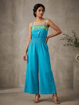 THETAA - Hand-Embroidered Cotton Poplin Blue Jumpsuit