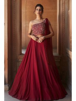 CHARU AND VASUNDHARA - Zohra Red Embroidered Gown With Dupatta and Belt
