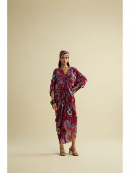 MEESA - Maroon Hand Embroidered Printed Kaftan Dress