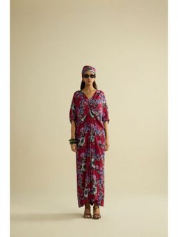 MEESA - Maroon Hand Embroidered Printed Kaftan Dress