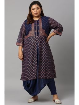 W - Navy Blue Printed Kurta & Tights (Set of 2)