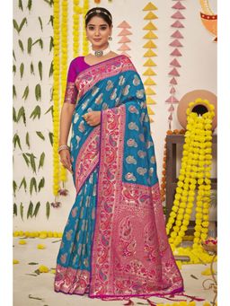 Sangam Prints - Sky Blue Silk Woven Zari Work Traditional Tassel Saree with Unstitched Blouse