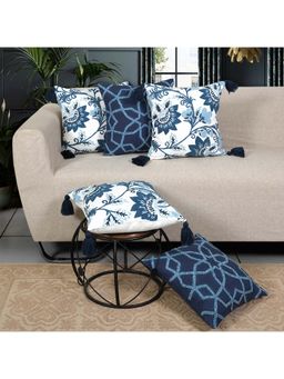 ODE & CLEO - Cotton Double Needlework with Bead Cushion Covers Blue (Pack Of 5) (18x18 inches)