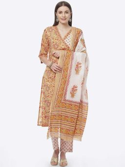 Biba - Beige Cotton Unstitched Suit Set (Set of 3)