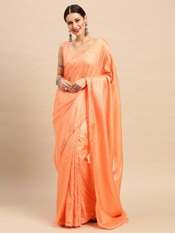 Akhilam - Women Dola Silk Peach Embellished Designer Saree with Unstitched Blouse