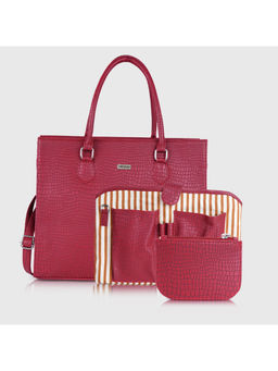 VENEER - Red Textured Hand Bag with Detachable Strap, Pouch and Wallet (Set of 4)