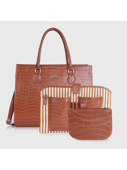 VENEER - Tan Textured Hand Bag with Detachable Strap, Pouch and Wallet (Set of 4)