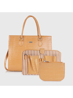 VENEER - Orange Textured Hand Bag with Detachable Strap, Pouch and Wallet (Set of 4)