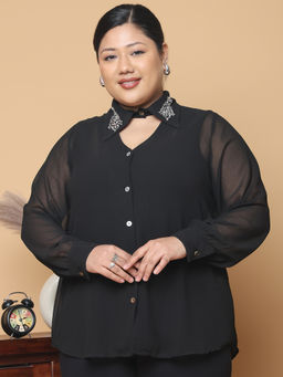 theRebelinme - Plus Size Women Black Solid Color Georgette Shirt