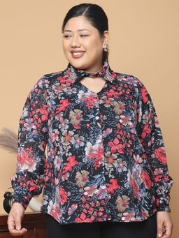 theRebelinme - Plus Size Women Black and Red Floral Printed Georgette Shirt