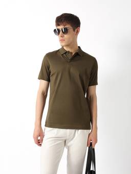 The Bear House - Men Olive Solid/Plain Cotton Polo T-Shirt