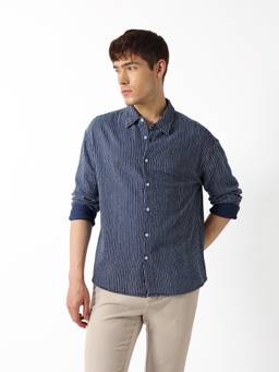 The Bear House - Men Navy Blue Stripes Cotton Shirt