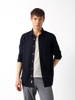 The Bear House - Men Navy Blue Solid/Plain Viscose Shirt