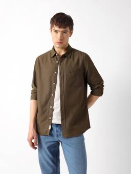The Bear House - Men Olive Solid/Plain Viscose Shirt