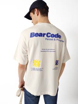 The Bear House - Men Off White Typography Cotton T-Shirt
