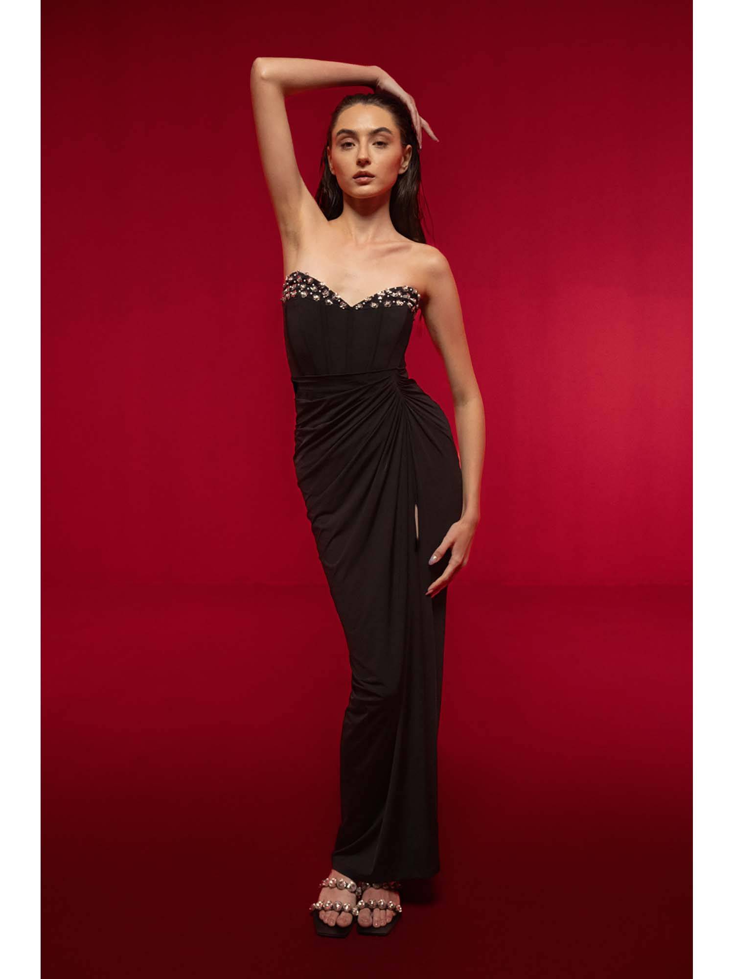 Black Embellished Strapless Dress with Slit