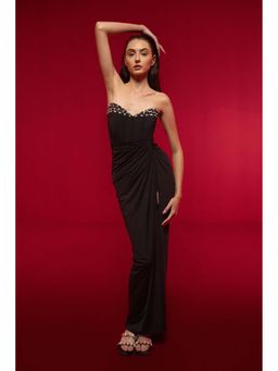 SOTBELLA - Black Embellished Strapless Dress with Slit