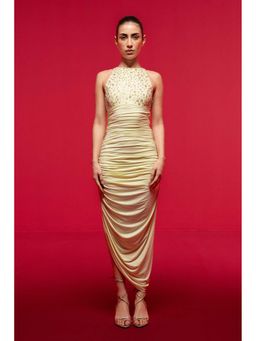SOTBELLA - Yellow Embellished Halter-Neck Draped Dress
