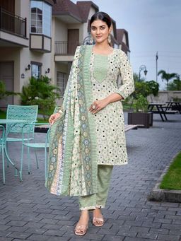 Odette - Green Floral Kurta with Pant and Dupatta (Set of 3)