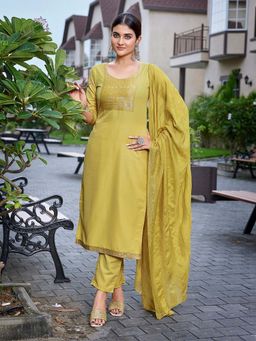 Odette - Yellow Woven Kurta with Pant and Dupatta (Set of 3)