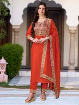 MOJILAA - Orange Floral Kurta with Pant and Dupatta (Set of 3)