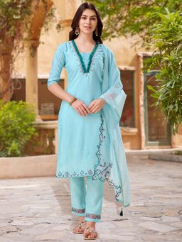 MOJILAA - Blue Floral Kurta with Pant and Dupatta (Set of 3)