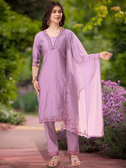 MOJILAA - Lavender Floral Kurta with Pant and Dupatta (Set of 3)