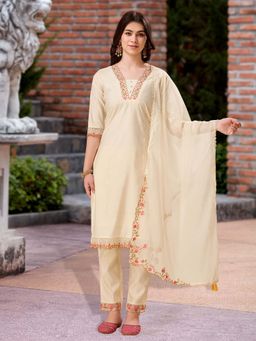 MOJILAA - Cream Floral Kurta with Pant and Dupatta (Set of 3)