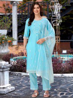 MOJILAA - Blue Floral Kurta with Pant and Dupatta (Set of 3)