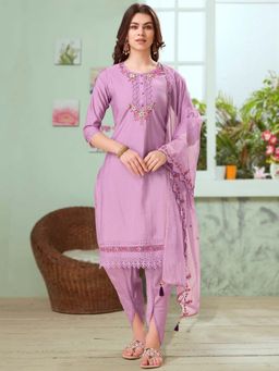 MOJILAA - Lavender Floral Kurta with Dhoti and Dupatta (Set of 3)