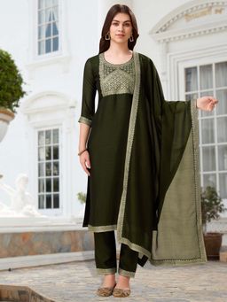 MOJILAA - Olive Printed Kurta with Pant and Dupatta (Set of 3)