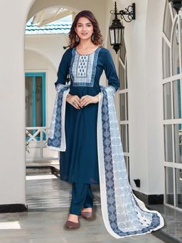 MOJILAA - Teal Printed Kurta with Pant and Dupatta (Set of 3)