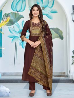 MOJILAA - Brown Printed Kurta with Pant and Dupatta (Set of 3)