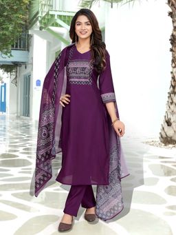 MOJILAA - Purple Printed Kurta with Pant and Dupatta (Set of 3)