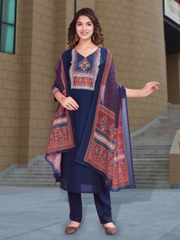 MOJILAA - Navy Blue Printed Kurta with Pant and Dupatta (Set of 3)