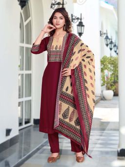 MOJILAA - Maroon Printed Kurta with Pant and Dupatta (Set of 3)