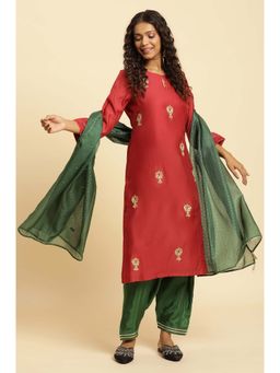 W - Red Floral Kurta with Salwar and Dupatta (Set of 3)