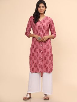 Vbuyz - Women's Printed Asymmetric Cotton Pink Stitched Kurta(vf-ku-1966)