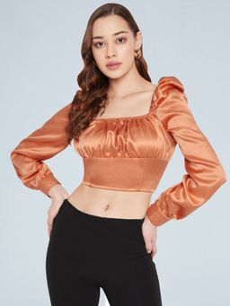 Martini - Women Bronze Satin Ruched Puff Sleeve Top