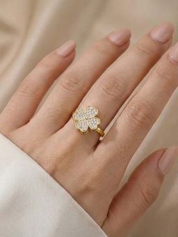 Jewels Galaxy - Gold Plated Clover Themed Rotatable Adjustable Ring