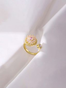 Jewels Galaxy - Gold Plated Round Shape Pink Rotatable Adjustable Ring