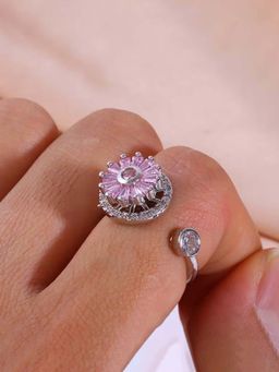 Jewels Galaxy - Silver Plated Round Shape Pink Rotatable Adjustable Ring