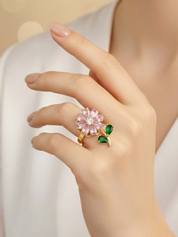 Jewels Galaxy - Gold Plated Floral Style Multi-Color Rotatable Adjustable Ring