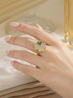 Jewels Galaxy - Gold Plated Clover Themed Multi-Color Rotatable Adjustable Ring