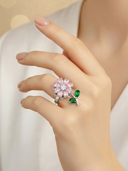 Jewels Galaxy - Silver Plated Floral Style Multi-Color Rotatable Adjustable Ring