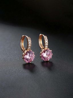 Jewels Galaxy - Anti Tarnish Pink Geometric Stone Studded Hoop Earrings
