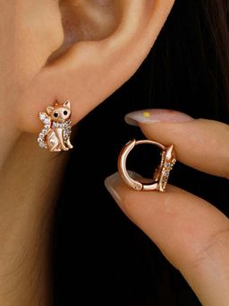 Jewels Galaxy - Anti Tarnish Cat Shaped Stone Studded Hoop Earrings