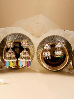 Zaveri Pearls - Multi-Color Stones Beads Antique Jhumka Earrings (Pack of 2)