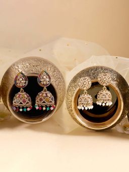 Zaveri Pearls - Multi-Color Stones Beads Antique Jhumka Earrings (Pack of 2)