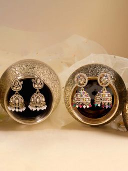 Zaveri Pearls - Multi-Color Stones Beads Antique Jhumka Earrings (Pack of 2)